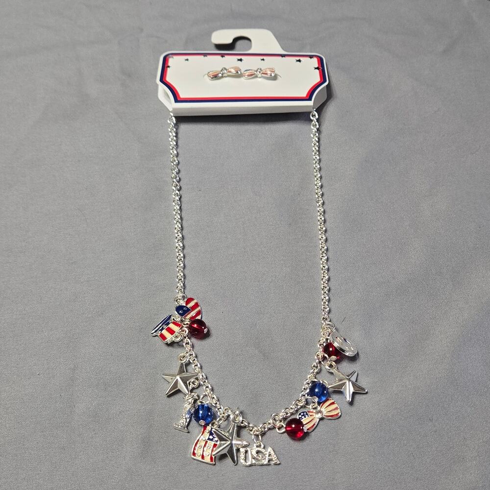 Patriotic USA Charm Statement Necklace & Stud Earrings Red White Blue